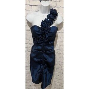BETSY & ADAM blue cocktail one shoulder Flower detail Blue dress Size 6 Petite